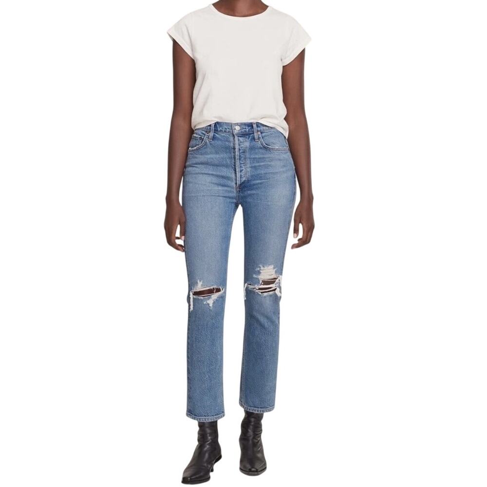 AGOLDE Riley High Rise Straight Crop Blue Denim Jeans Sz 28‎ 100% Organic Cotton